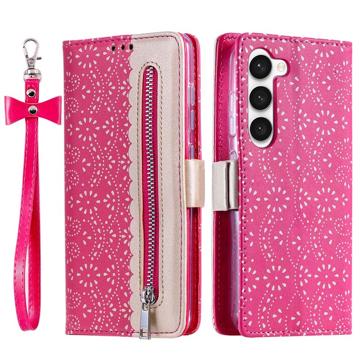 Lace Pattern Samsung Galaxy S23 5G Wallet Case - Fel roze