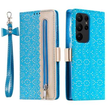 Lace Pattern Samsung Galaxy S23 Ultra 5G Wallet Case - Blauw