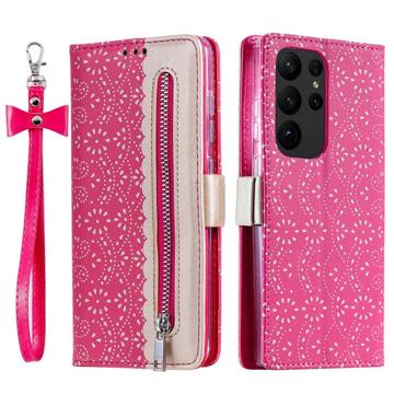 Lace Pattern Samsung Galaxy S23 Ultra 5G Wallet Case - Fel roze