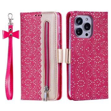 Lace Pattern iPhone 14 Pro Wallet Case - Fel roze