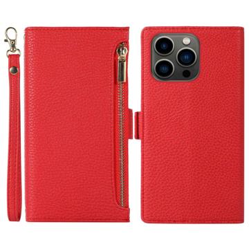 iPhone 14 Pro Wallet Case met Riem en Rits - Rood