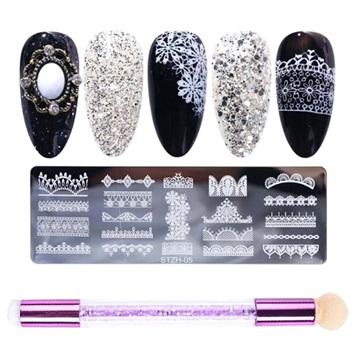 Nail Art Manicure Sjablonen met Siliconen Borstel - Zwart / Wit