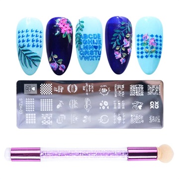 Nail Art Manicure Sjablonen met Siliconen Borstel - Blauw