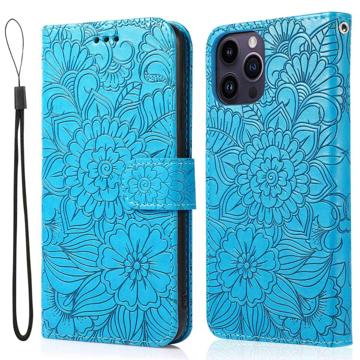 Flowers iPhone 14 Pro Max Portemonnee Hoesje - Blauw