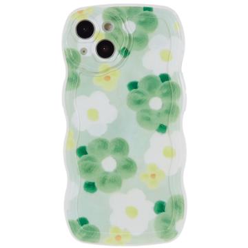 Stijlvolle Wavy Edge iPhone 14 TPU Hoesje - Groene en Witte Bloemen