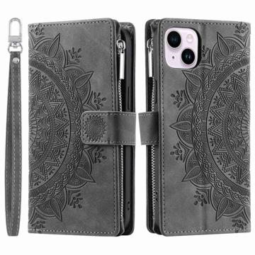 Mandala Zipper iPhone 14 Plus Portemonnee Hoesje - Grijs