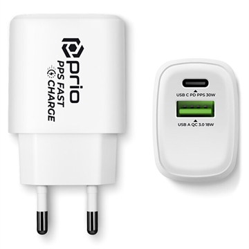 Prio Fast Charge Dubbele Wandlader - USB-A, USB-C - 30W - Wit