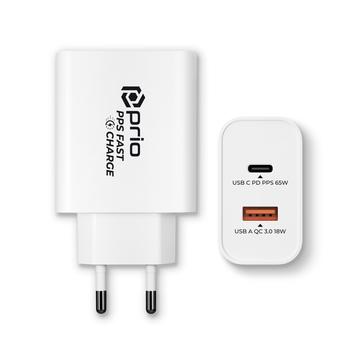 Prio Snellader Wandoplader - 65W PD USB-C, QC3.0 USB-A - Wit