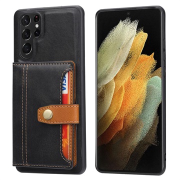 Retro Stijl Samsung Galaxy S22 Ultra 5G Hoesje met Portemonnee - Zwart