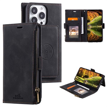 Saii Zipper iPhone 13 Pro Wallet Case met Riem - Zwart