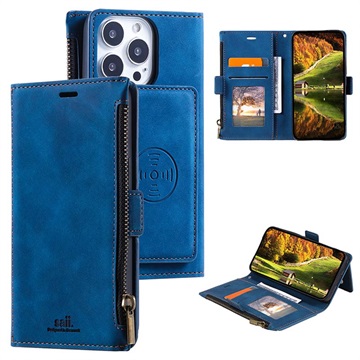 Saii Zipper iPhone 13 Pro Max Wallet Case met Riem - Blauw