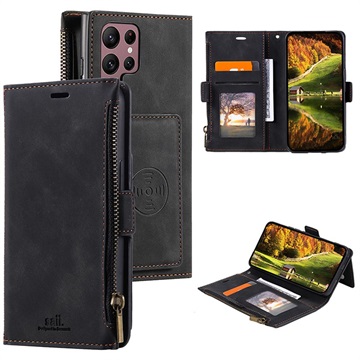 Saii Zipper Samsung Galaxy S22 Ultra 5G Wallet Case - Zwart