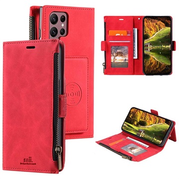 Saii Zipper Samsung Galaxy S22 Ultra 5G Wallet Case - Rood