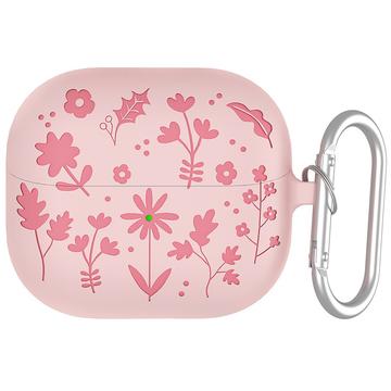 Samsung Galaxy Buds3/Buds3 Pro Vloeibaar Siliconen Hoesje met Bloempatroon en Karabijnhaak - Licht Roze