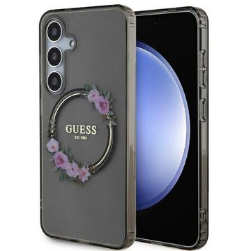 Samsung Galaxy S24 Guess IML Flowers Wreath hoesje - MagSafe Compatibel - Zwart