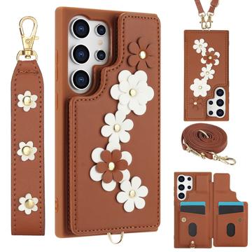 Samsung Galaxy S24 Ultra Bloemendecor hoesje met riem - Bruin