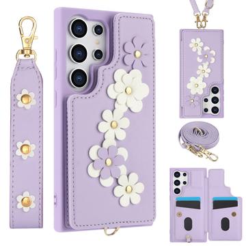 Samsung Galaxy S24 Ultra Bloemendecor hoesje met riem - Paars