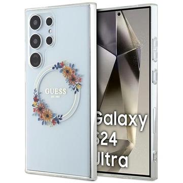 Samsung Galaxy S24 Ultra Guess IML Flowers Wreath Hoesje - MagSafe Compatibel - Transparant