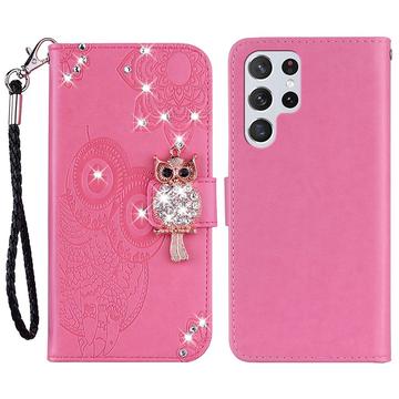 Samsung Galaxy S24 Ultra Uil Strass Portemonnee Hoesje - Hot Pink