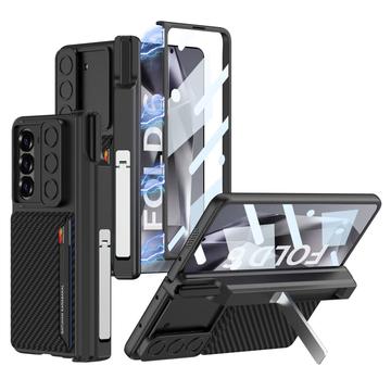 Samsung Galaxy Z Fold6 GKK Magnetische Hybride Hoesje met Kaarthouder, Camera Slider - Koolstofvezel