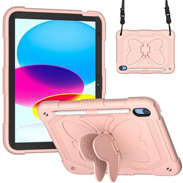 Schokbestendig hoesje voor iPad 10.9 (2022) Vlinder Vorm Kickstand Tablet Case Silicone + PC Beschermhoes met Schouderriem - Roze