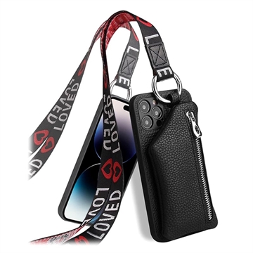 Strap Series iPhone 14 Pro Max Hoesje met Afneembare Portemonnee - Zwart