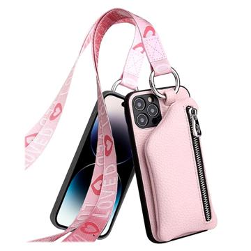 Strap Series iPhone 14 Pro Hoesje met Afneembare Portemonnee - Roze