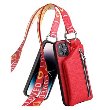 Strap Series iPhone 14 Pro Hoesje met Afneembare Portemonnee - Rood