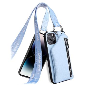 Strap Series iPhone 14 Pro Max Hoesje met Afneembare Portemonnee - Baby blauw