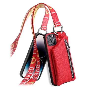 Strap Series iPhone 14 Pro Max Hoesje met Afneembare Portemonnee - Rood