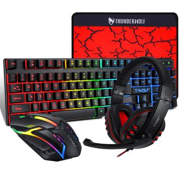 T-WOLF TF800 Gaming toetsenbord + muis + Gaming Headset + muismat Combo LED met achtergrondverlichting bedrade Gamer bundel voor Gaming/Werken