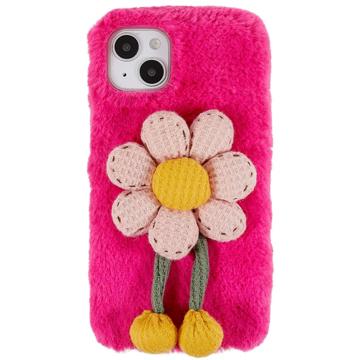 3D Plush Harige Winter iPhone 14 Plus TPU Hoesje - Fel Roze Bloemen