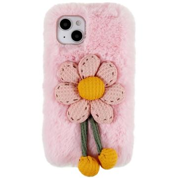 3D Plush Harige Winter iPhone 14 Plus TPU Hoesje - Roze Bloem