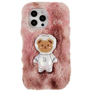 3D Plush Harige winter iPhone 14 Pro Max TPU Hoesje - Bruine Beer