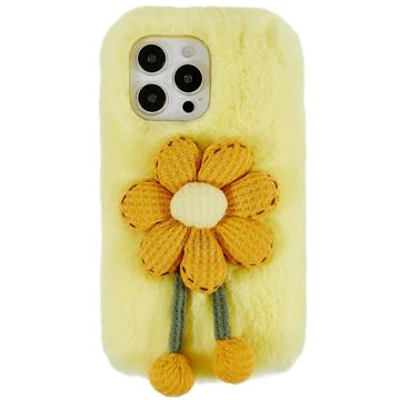 3D Plush Harige winter iPhone 14 Pro Max TPU Hoesje - Geel Bloem