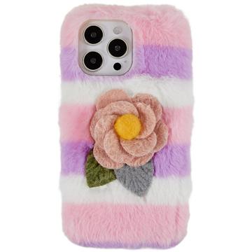 3D Plush Harige winter iPhone 14 Pro TPU Hoesje - Roze Roos