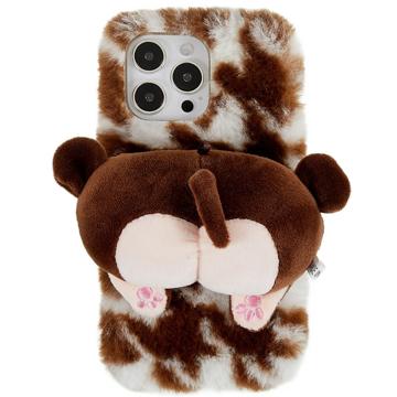 3D Plush Harige winter iPhone 14 Pro TPU Hoesje - Bruin Corgi