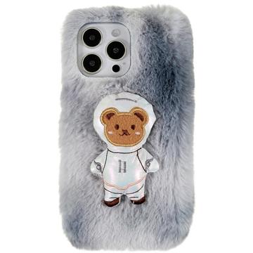 3D Plush Harige winter iPhone 14 Pro TPU Hoesje - Grijs Bear