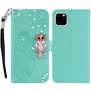 iPhone 14 Uil Strass Portemonnee Hoesje - Cyaan