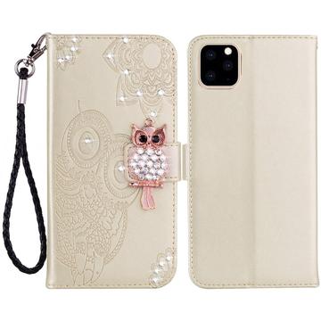 iPhone 14 Uil Strass Portemonnee Hoesje - Goud