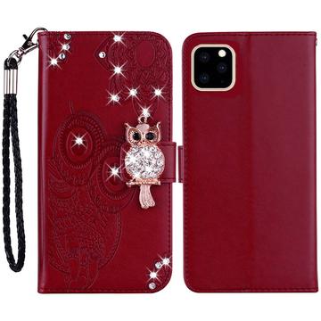 iPhone 14 Uil Strass Portemonnee Hoesje - Rood