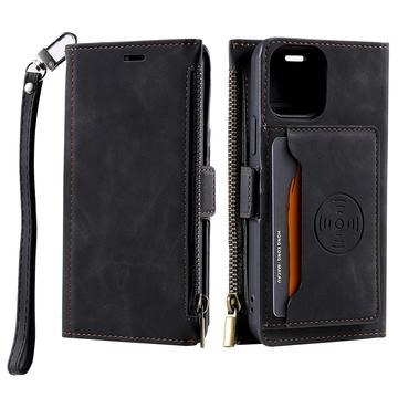 iPhone 14 Plus Saii Zipper Portemonnee Hoesje met Riem - Zwart