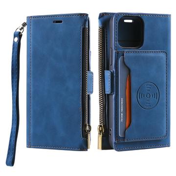 iPhone 14 Plus Saii Zipper Wallet Case met Band - Blauw