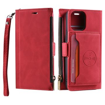 iPhone 14 Plus Saii Zipper Wallet Case met Band - Rood