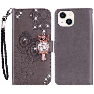 iPhone 15 Uil Strass Portemonnee Hoesje - Grijs