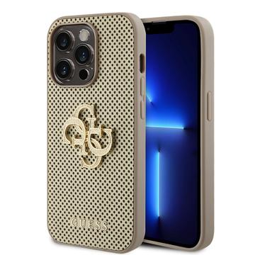 Guess Perforated PU Leather Case with 4G Glitter for iPhone 15 Pro -Gold