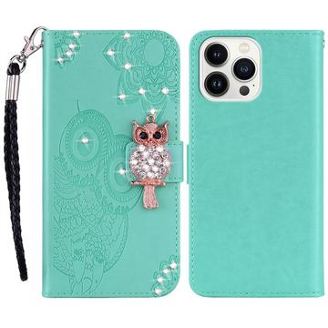 iPhone 15 Pro Max Uil Strass Portemonnee Hoesje - Cyaan