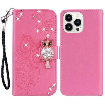 iPhone 15 Pro Max Uil Strass Portemonnee Hoesje - Hot Pink