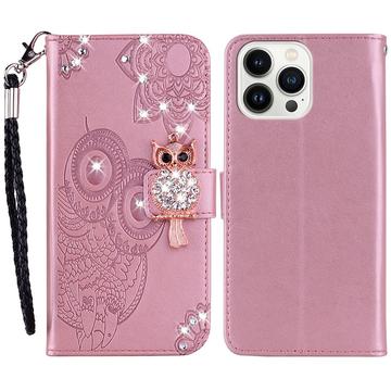 iPhone 15 Pro Max Uil Strass Portemonnee Hoesje - Roségoud