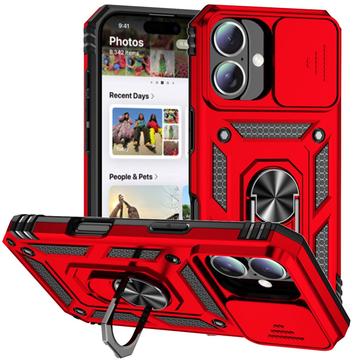 iPhone 16 Plus Hybride Hoesje met Roterende Ring en Cameraschild - Rood